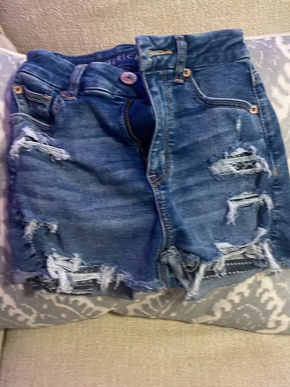 American Eagle Outfitters Distressed Blue Denim Shorts, curly high rise shorties
